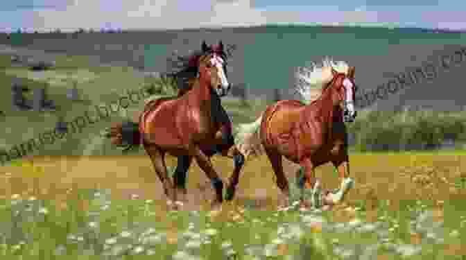 Two Majestic Horses Running Gracefully Through A Grassy Field, Their Manes Flowing In The Wind Draw And Paint 50 Animals: Dogs Cats Birds Horses And More